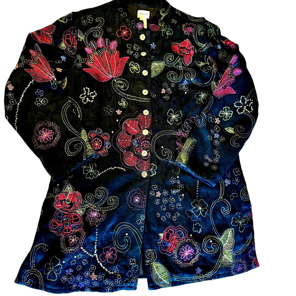 Chicos Size 2 Embroidered Floral Jacket Shacket Black Cotton Lined Boho
